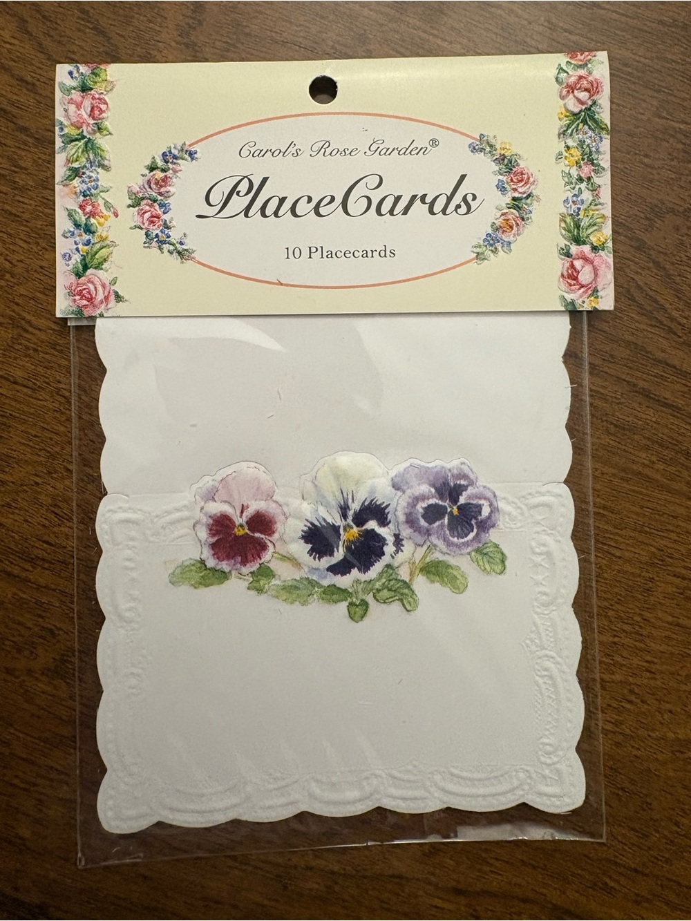 Carol's Rose Garden Floral Place Cards — White with Purple & Pink Pansies